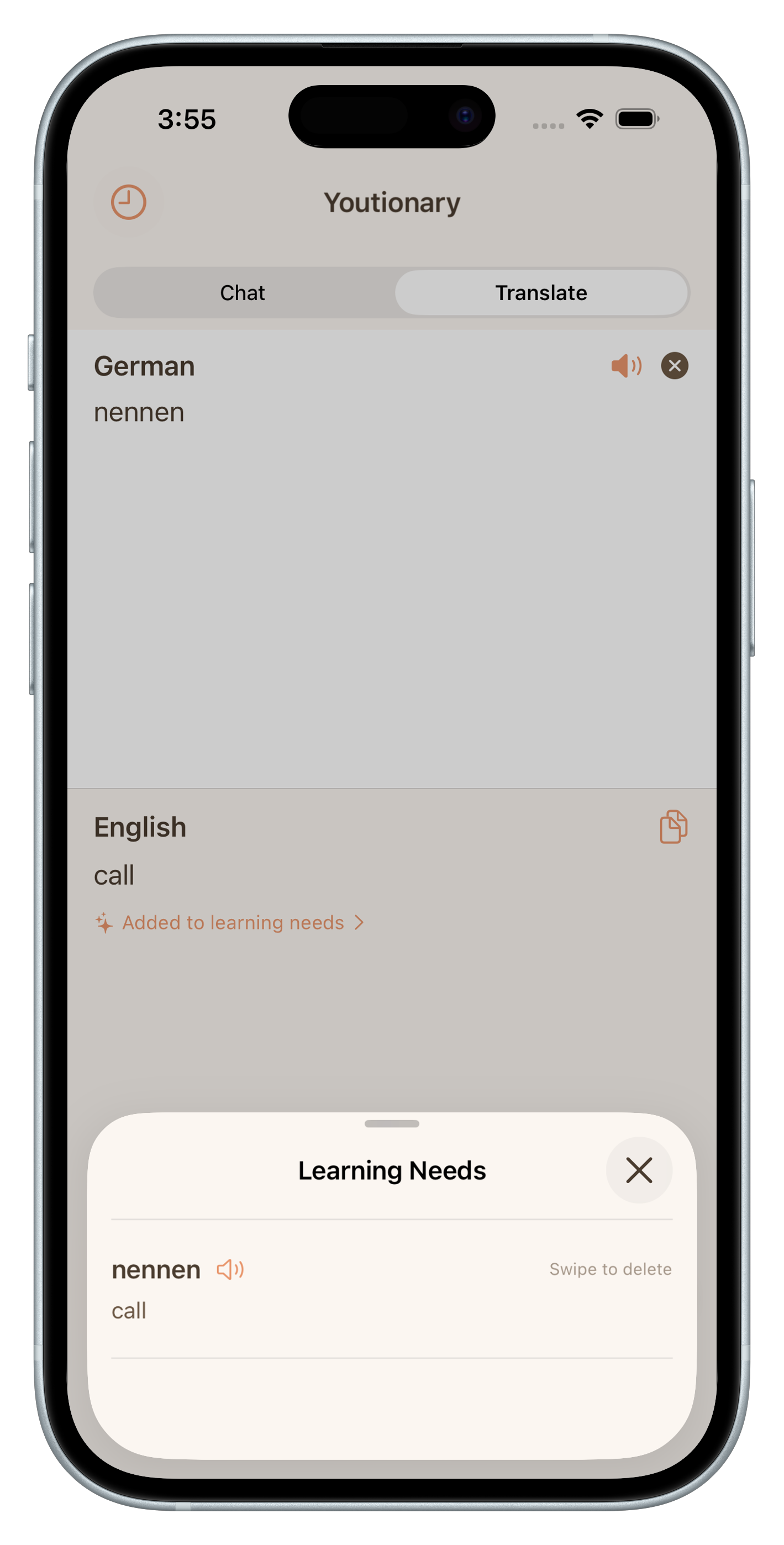 Youtionary Smart Translate feature showing instant translations that become learning needs