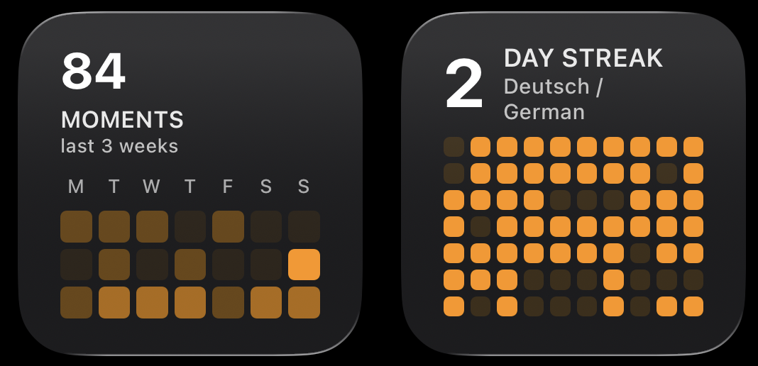 Youtionary iOS widgets showing streak tracking and daily learning summary