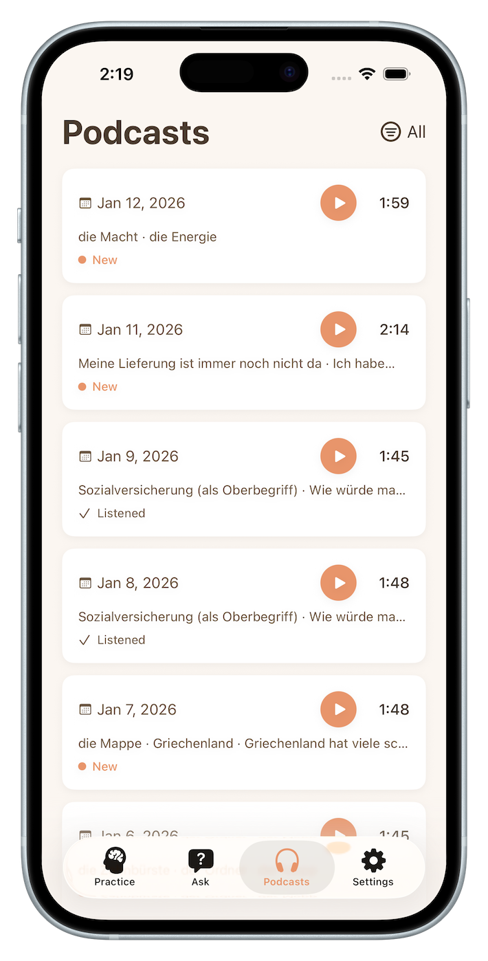 Youtionary Podcasts feature showing personalized language learning episodes